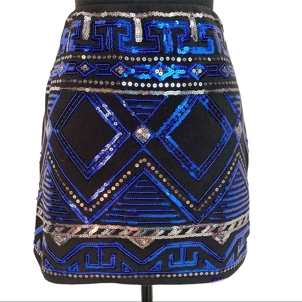 PEACHPUFF Blue Sequin Tribal Mini Skirt - S Sz